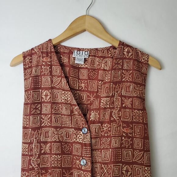 Vtg 1010 Design Silk Tunic Top Vest Pants Set Sz L Batik Print Lagenlook Brown - Picture 7 of 14